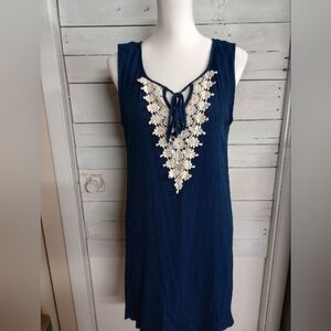 🌹NAIF Women's Petite XL Dark Blue Lined Sleeveless Dress with Crochet Appliques